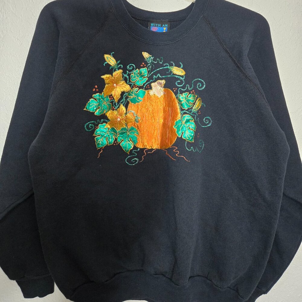 1990s Style "With an Attitude" Brand Pumpkin Puff Paint Black Sweatshirt Size XL - Picture 7 of 8